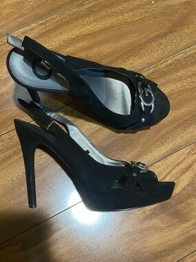 Guess Black Slingback Peep-Toe Stiletto Heels with Silver Hardware